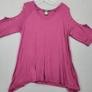AmangNY Purple Tunic Shirt 3/4 Cutout Cold Shoulder Sleeves Studded Women Size M